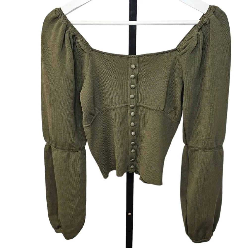 Zara Womens Puff Sleeve Stretch Button Front Top Size Medium  Green